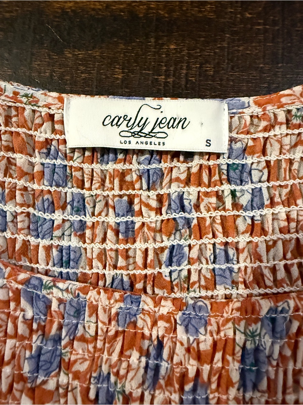 Carly Jean Los Angeles Floral Smocked Midi Dress Blue Rust Boho Small - Picture 4 of 13